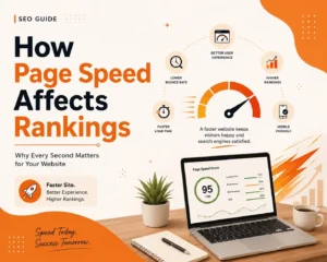 How page speed affects rankings infographic with website speed optimization and SEO performance illustration.