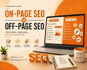 Orange and cream cover image comparing On Page SEO and Off Page SEO with SEO icons and a laptop illustration.